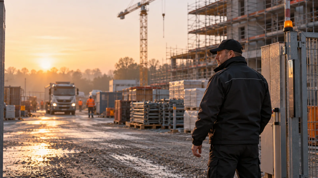 Sicherheitsmitarbeiter am Baustellenzugang mit Gerüsten und Baumaterial.