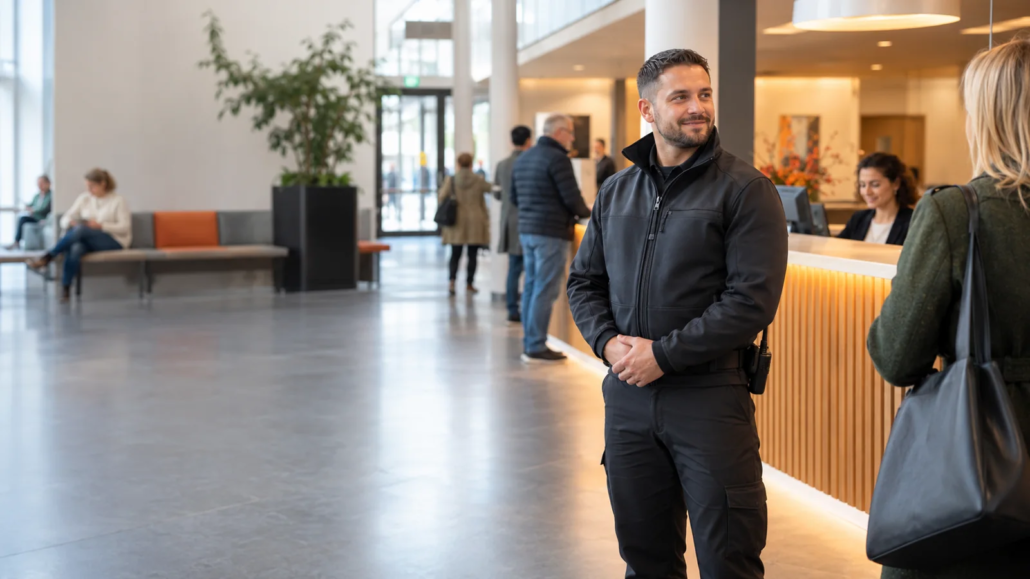 Sicherheitsmitarbeiter am Empfang eines Bürgerbüros mit wartenden Besuchern.