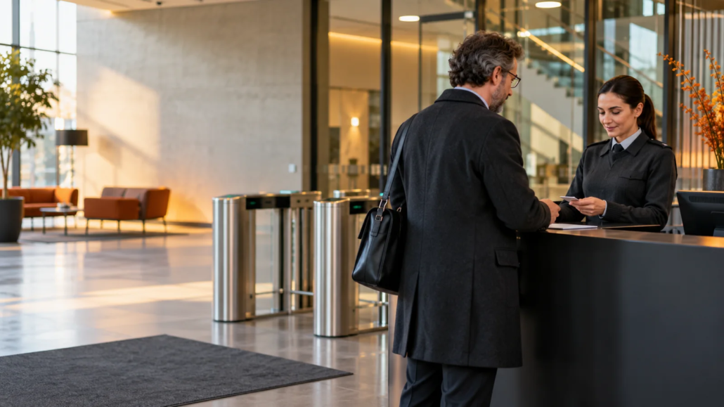 Besucherempfang an der Sicherheitsrezeption eines Bürogebäudes.