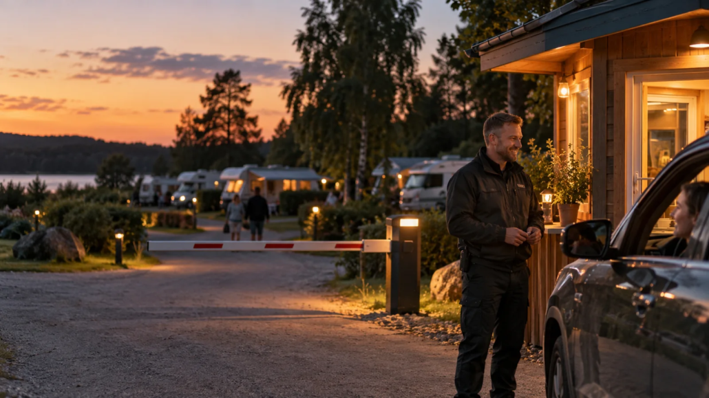 Abendliche Sicherheitspräsenz neben der Rezeption eines Campingplatzes.