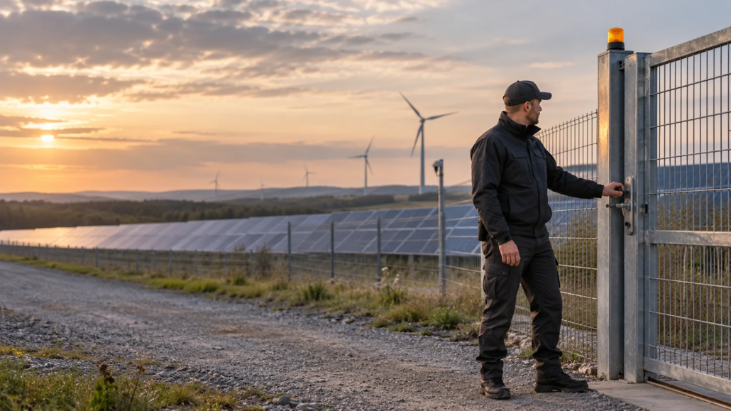 Sicherheitsmitarbeiter am Tor einer Solaranlage mit Windrädern im Hintergrund.