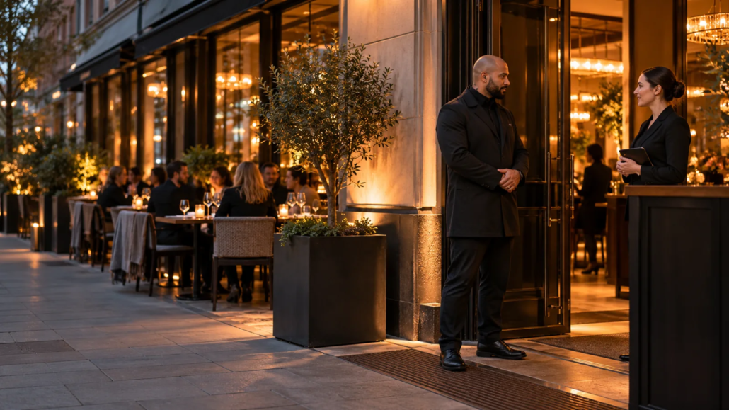 Türdienst und Gastgeber am Eingang eines Restaurants.