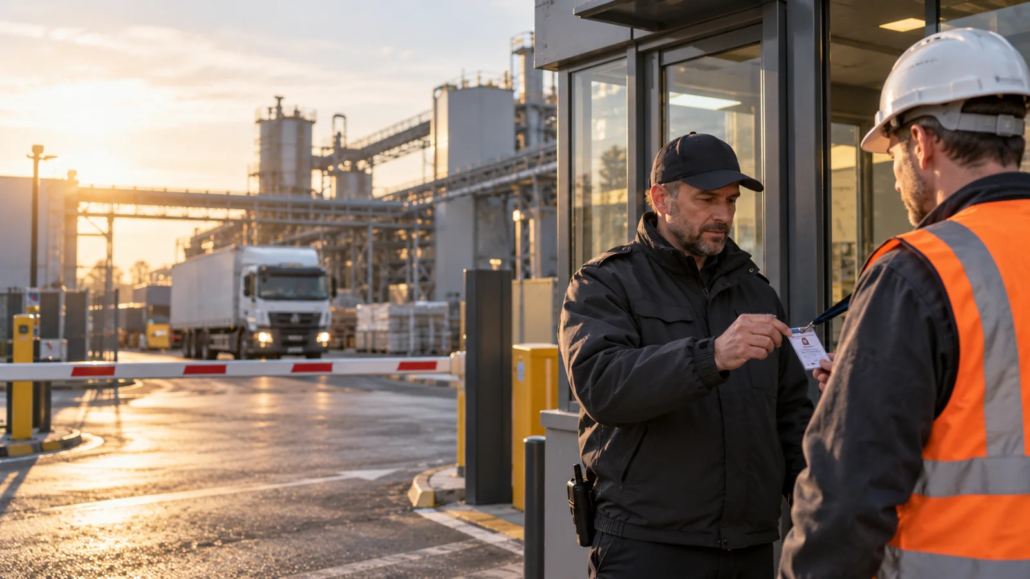 Ausweiskontrolle am Zugang zu einem Industriebetrieb.