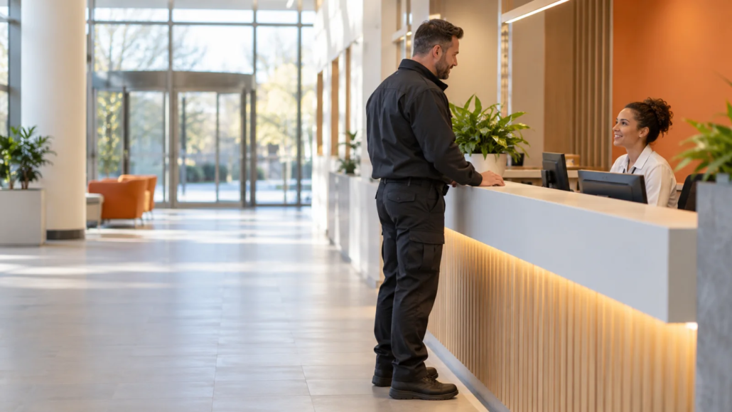 Sicherheitsmitarbeiter im Gespräch mit dem Klinikempfang.