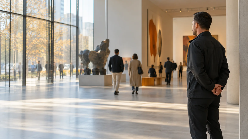 Diskrete Sicherheitspräsenz im Eingangsbereich eines Museums.