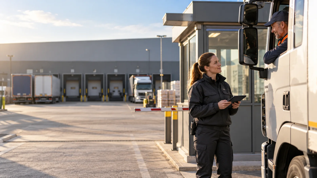 Abstimmung zwischen Sicherheitsmitarbeiter und Lieferfahrer am Logistikzugang.