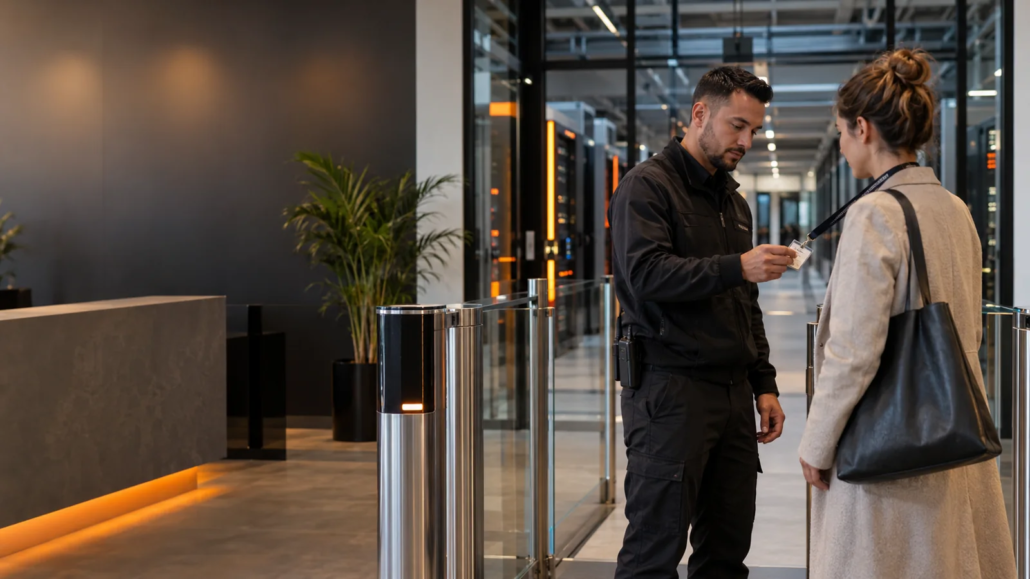 Besucherprüfung vor einem kontrollierten Zugang im Rechenzentrum.