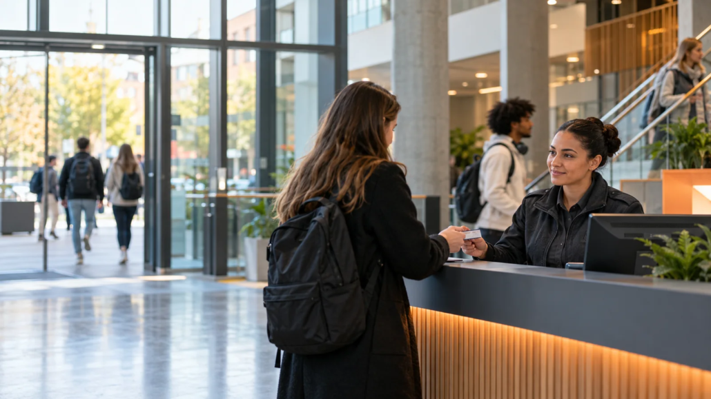 Besucherorientierung am Eingang eines Hochschulgebäudes.