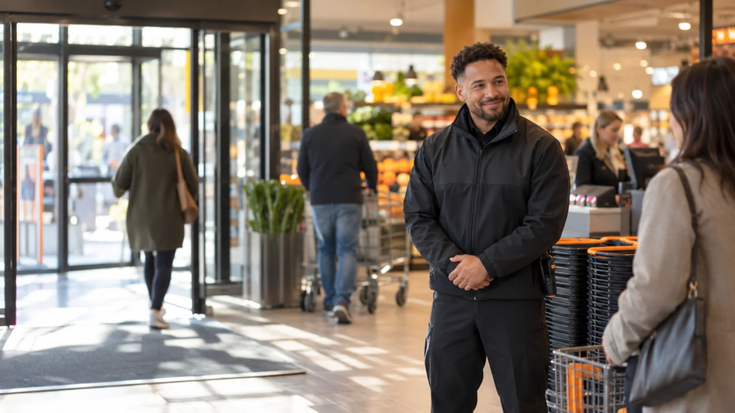 Doorman im Eingangsbereich eines Supermarkts neben Einkaufskörben.