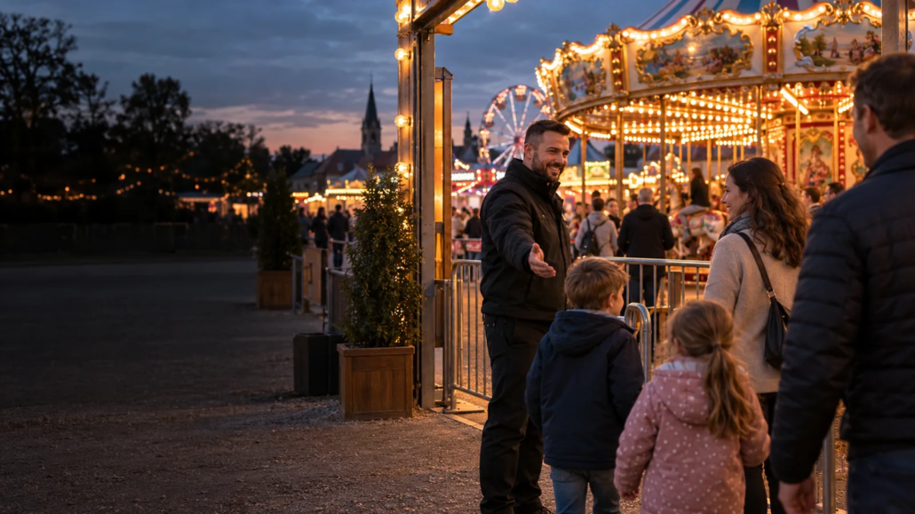 Sicherheitskräfte am Zugang zu einer Kirmes mit Fahrgeschäften.
