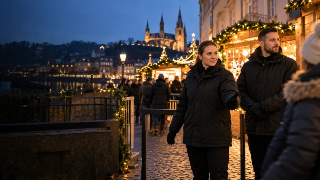 Sicherheitskräfte an einem beleuchteten Weihnachtsmarkt mit Budengassen.