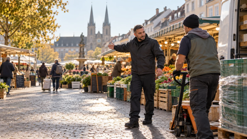 Sicherheitspräsenz zwischen Marktständen auf einem Wochenmarkt.